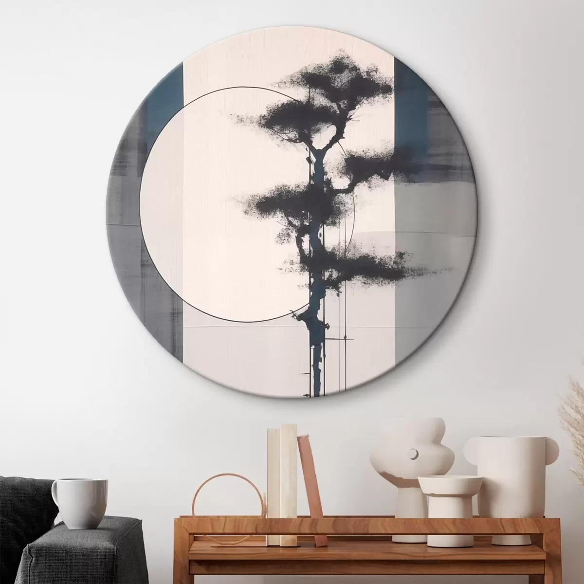 Runde Wandbilder Abstraktion. Baum und Sonne. Japanischer Minimalismus r46463