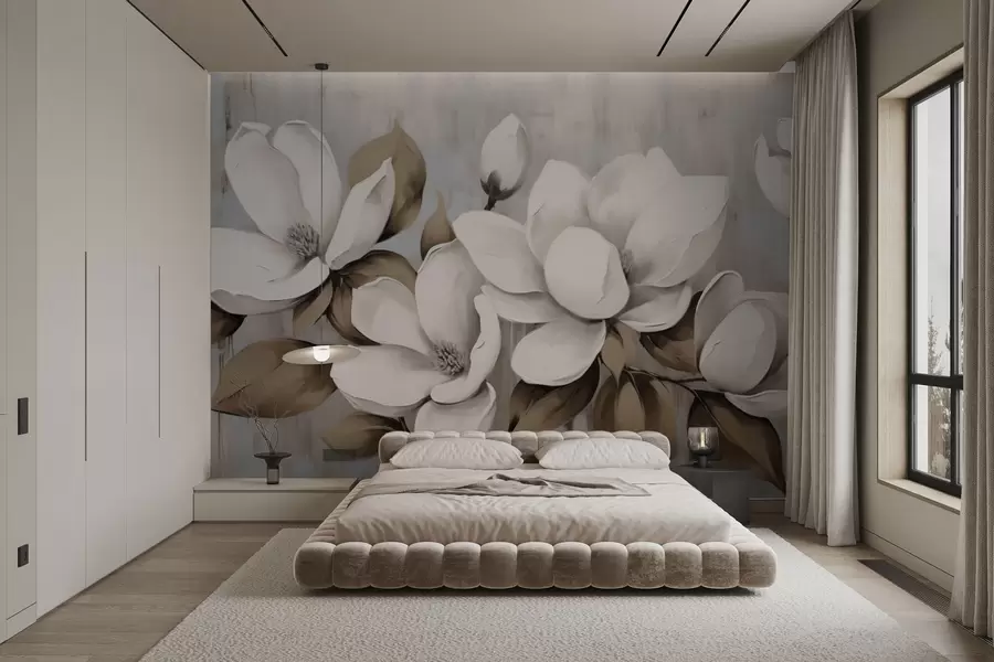 Fototapete Große Magnolienblüten mit taupefarbenen Blättern vor gebürstetem Hintergrund w04785