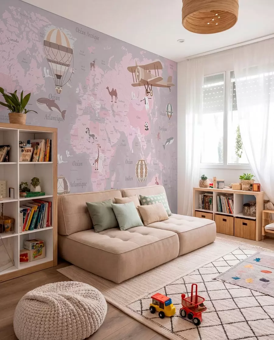 Fototapete Weltkarte für Kinder mit Tieren, Flugzeugen und Heißluftballons. Französische Sprache. Rosa Farbe. c00003frv3