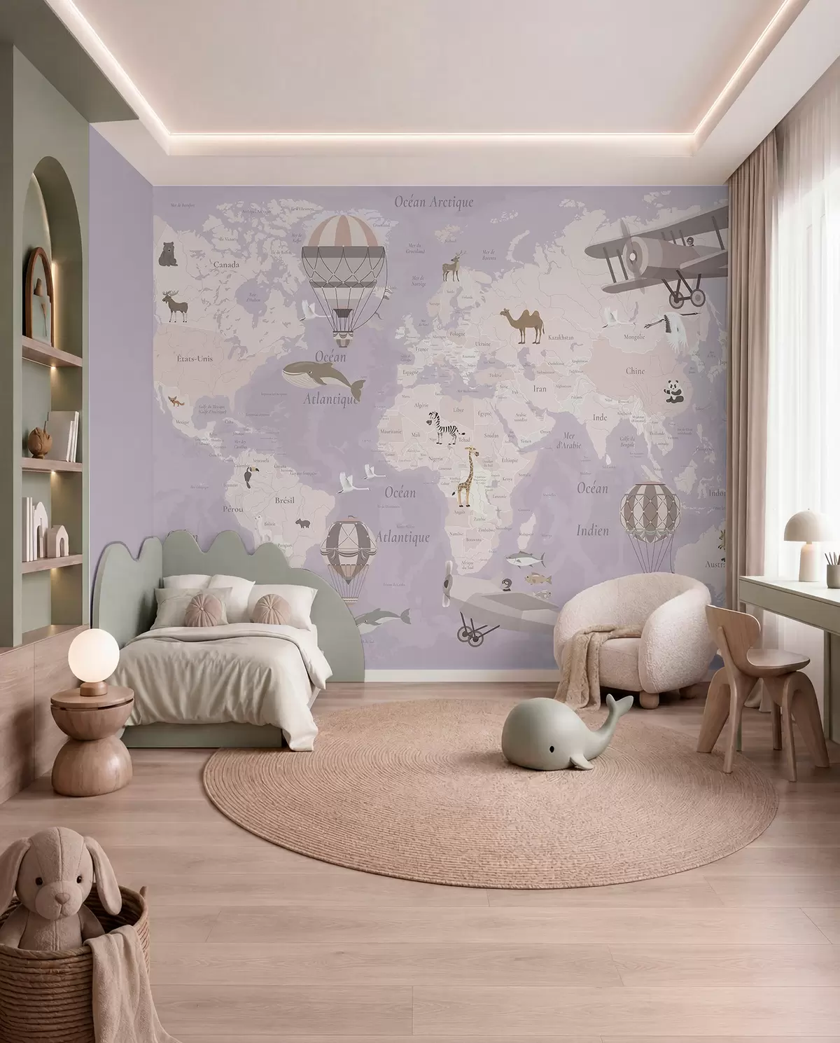 Fototapete Weltkarte für Kinder mit Tieren, Flugzeugen und Heißluftballons. Französische Sprache. Farbe: Lila c00003frv4