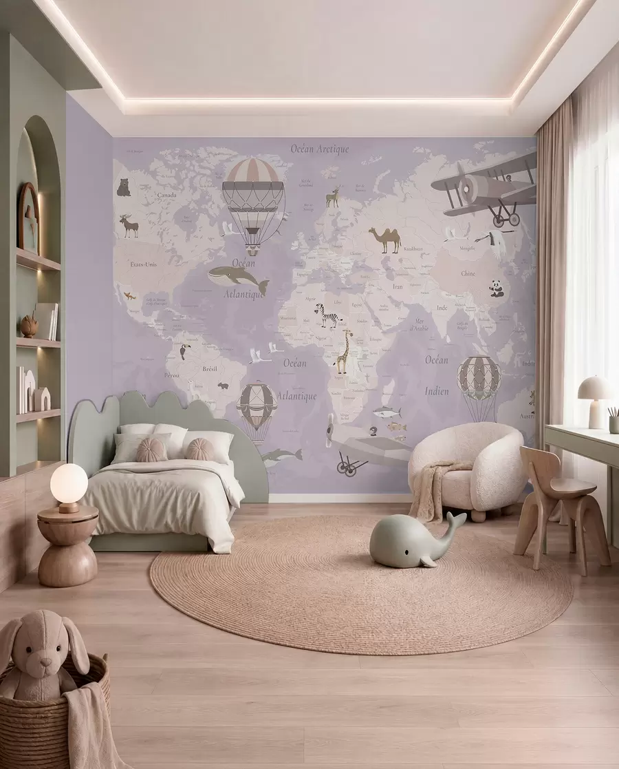 Fototapete Weltkarte für Kinder mit Tieren, Flugzeugen und Heißluftballons. Französische Sprache. Farbe: Lila c00003frv4