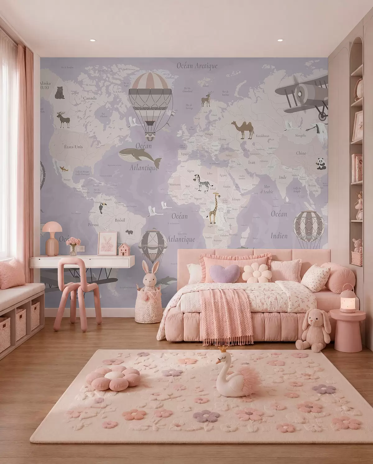 Fototapete Weltkarte für Kinder mit Tieren, Flugzeugen und Heißluftballons. Französische Sprache. Farbe: Lila c00003frv4