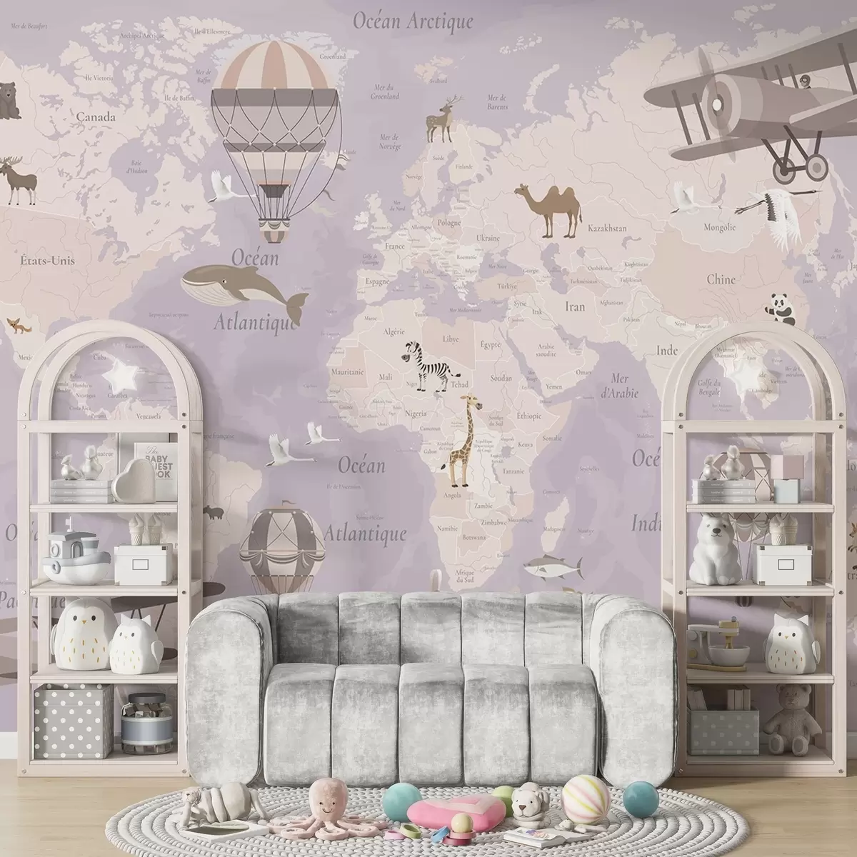 Fototapete Weltkarte für Kinder mit Tieren, Flugzeugen und Heißluftballons. Französische Sprache. Farbe: Lila c00003frv4