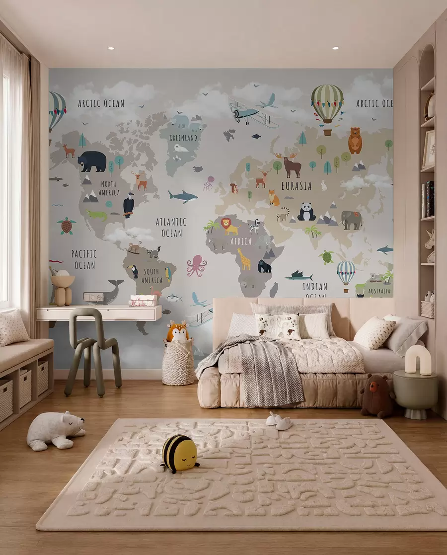 Fototapete Weltkarte für Kinder mit Tieren und Heißluftballons. Englische Sprache c00002en