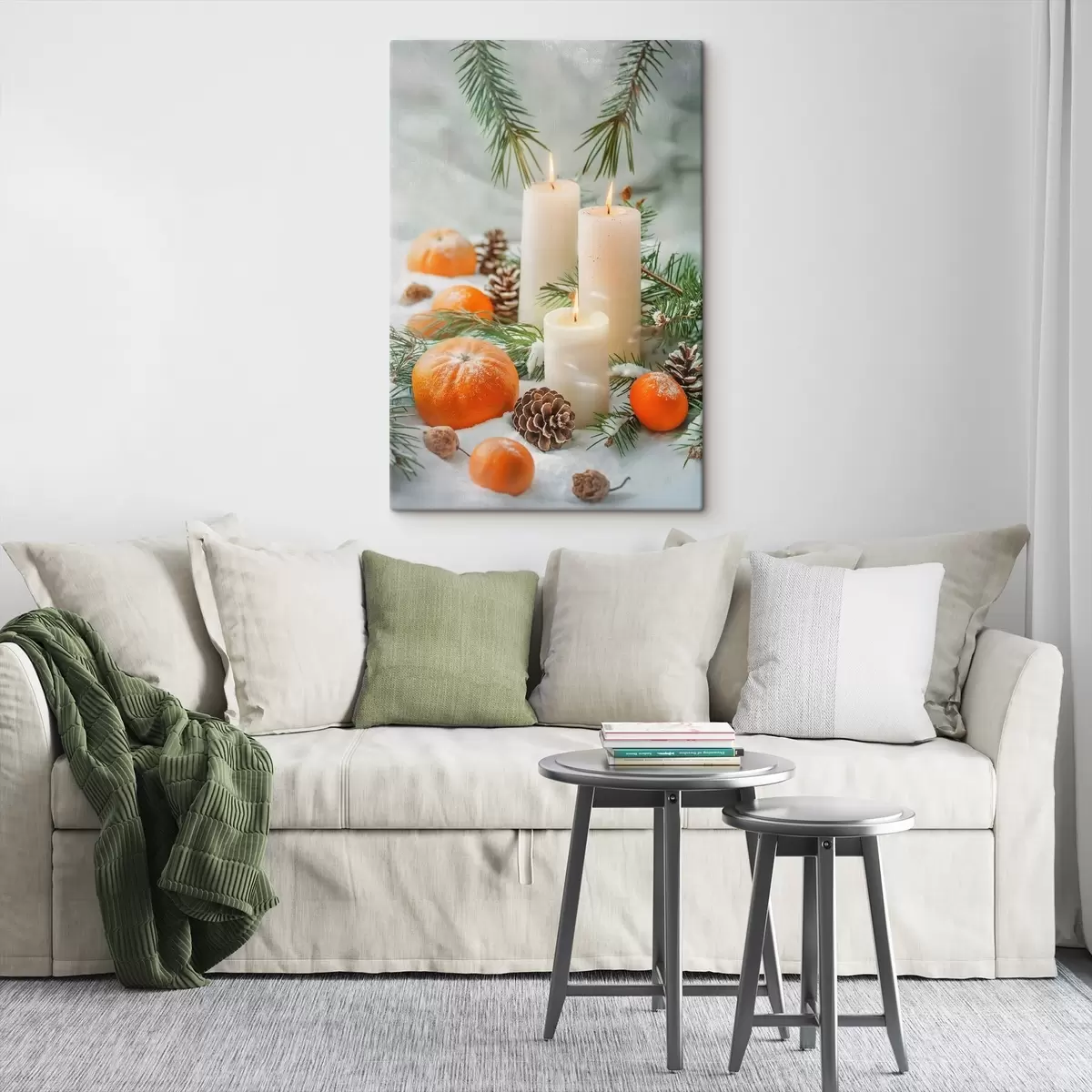 Fototapete Kerzen, Mandarinen und Tannenzapfen s46615