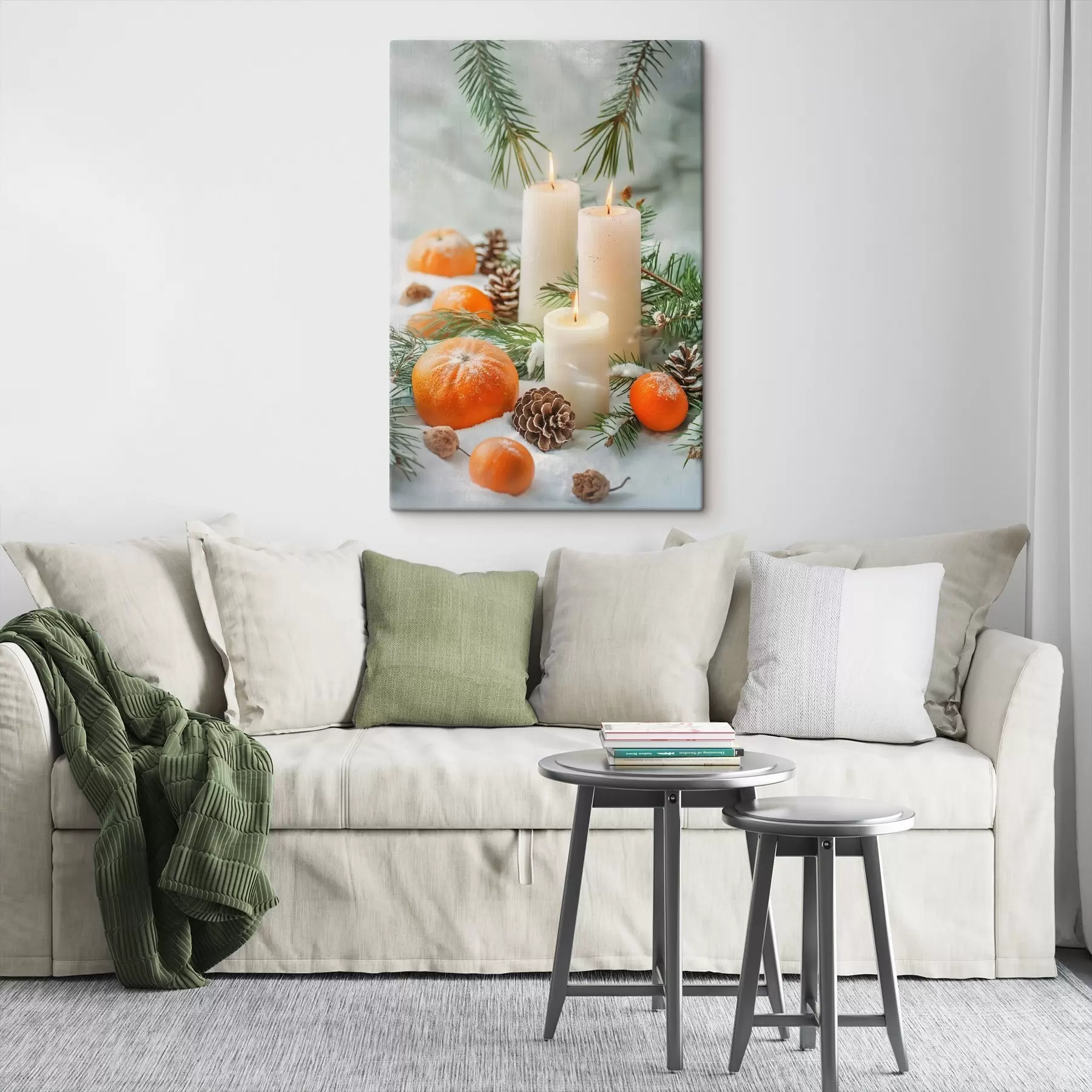 Fototapete Kerzen, Mandarinen und Tannenzapfen s46615