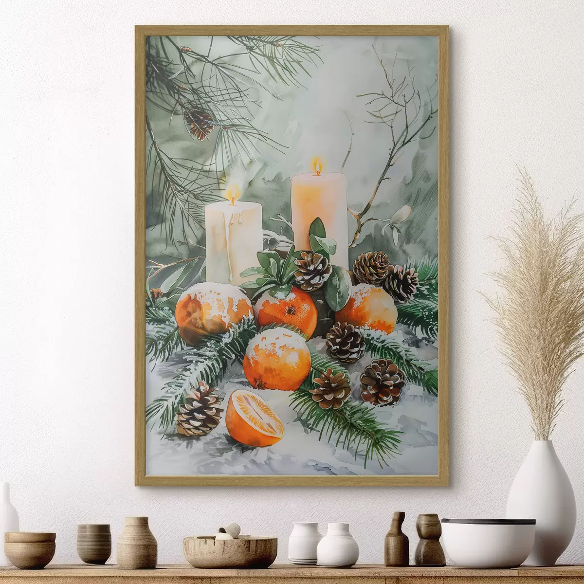 Poster Kerzen, Mandarinen und Tannenzapfen f46614