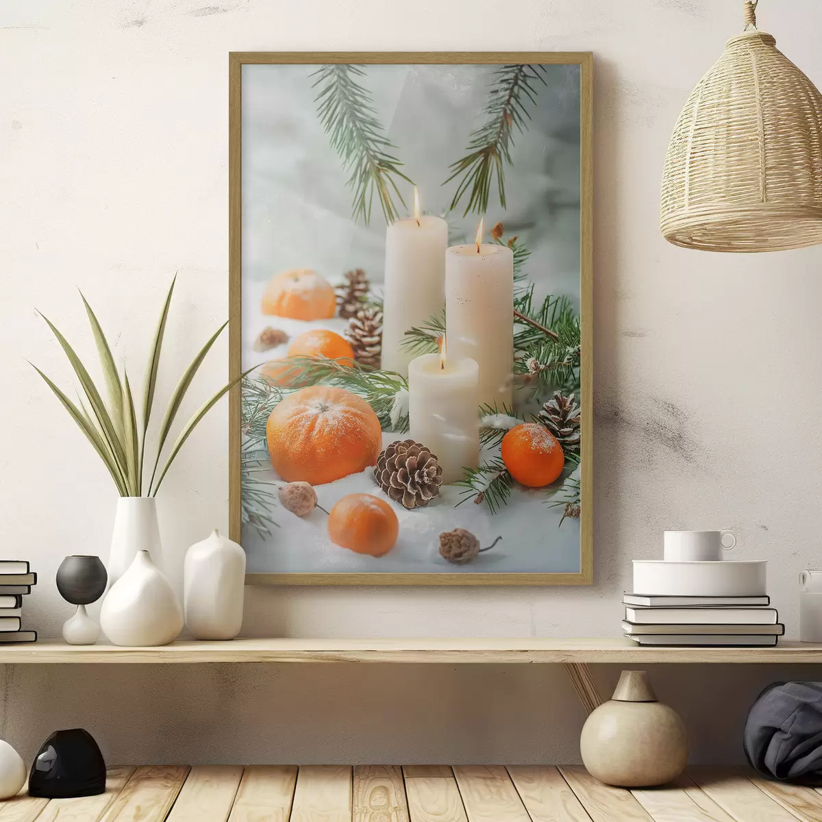 Poster Kerzen, Mandarinen und Tannenzapfen f46615