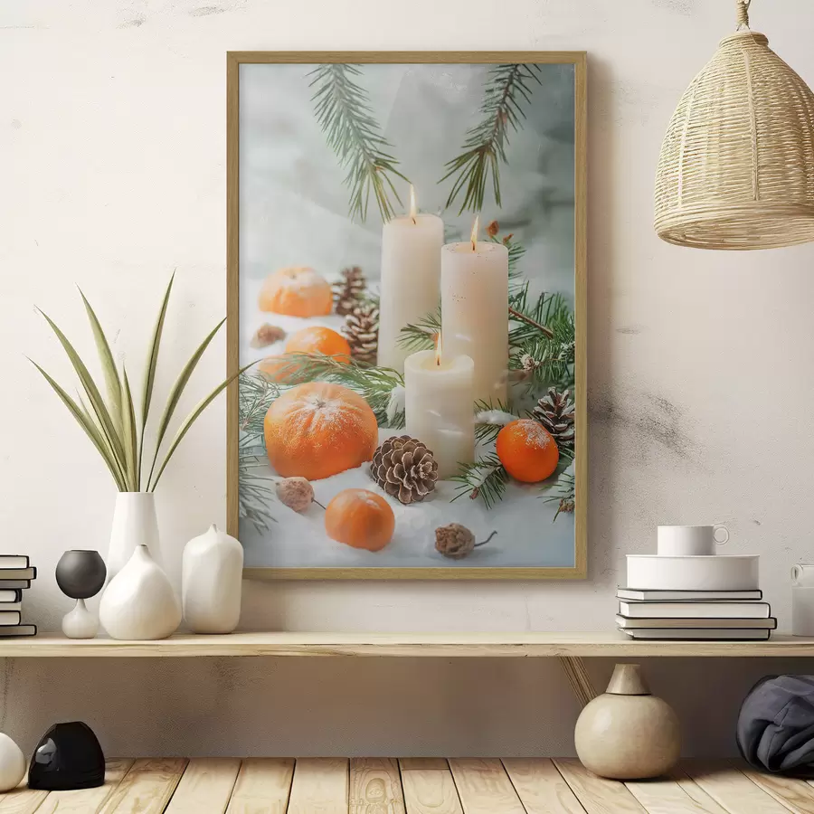 Fototapete Kerzen, Mandarinen und Tannenzapfen f46615
