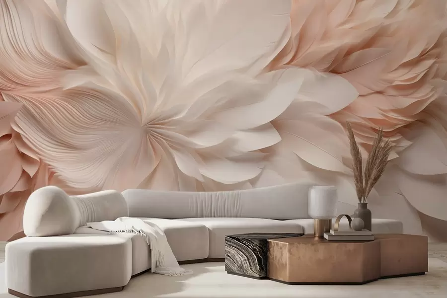 Fototapete Zarte abstrakte Federn in Bewegung in Beige- und Cremetönen w09509