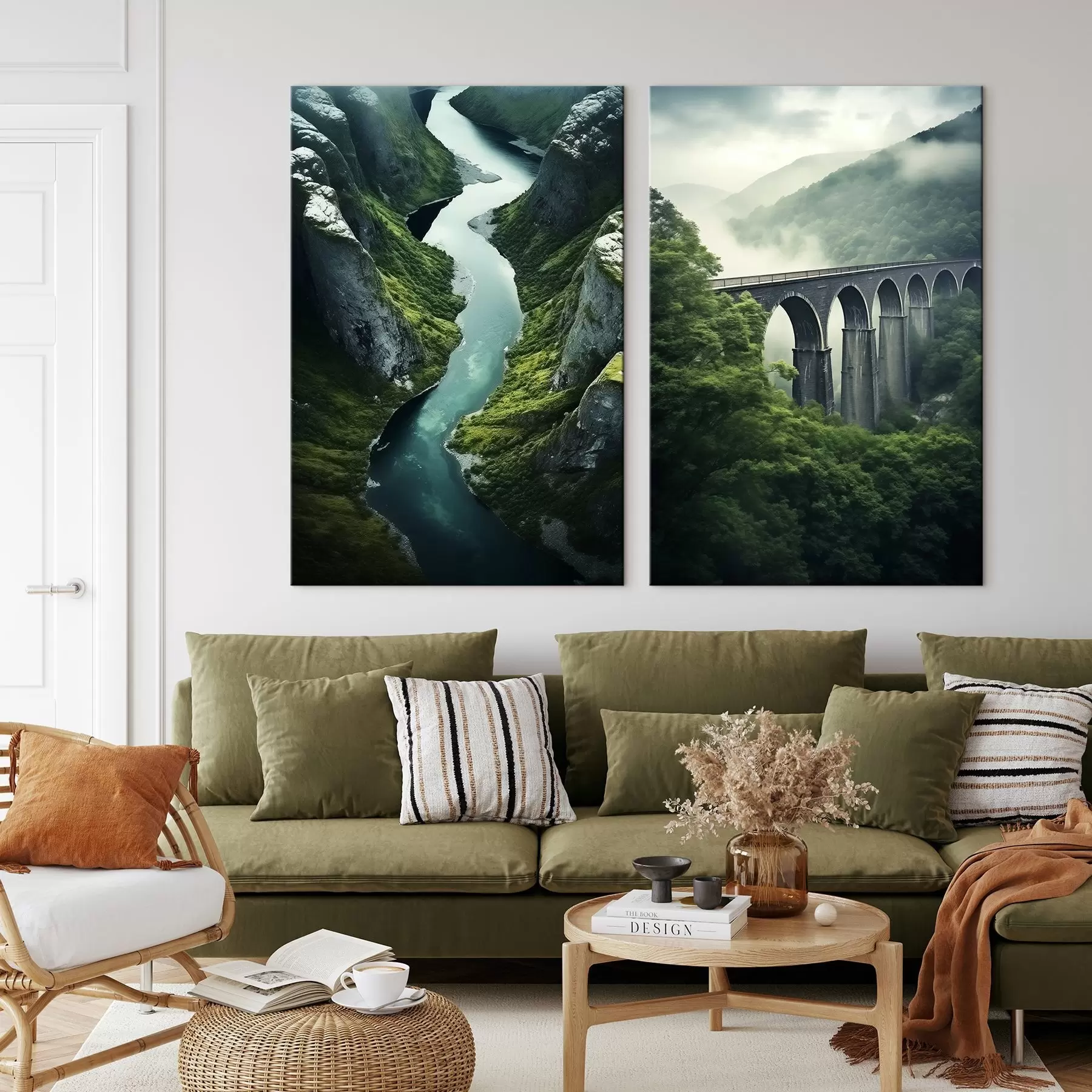 Fototapete Luftbild einer Flussschlucht und eines nebligen Viadukts inmitten grüner Hügel m00967