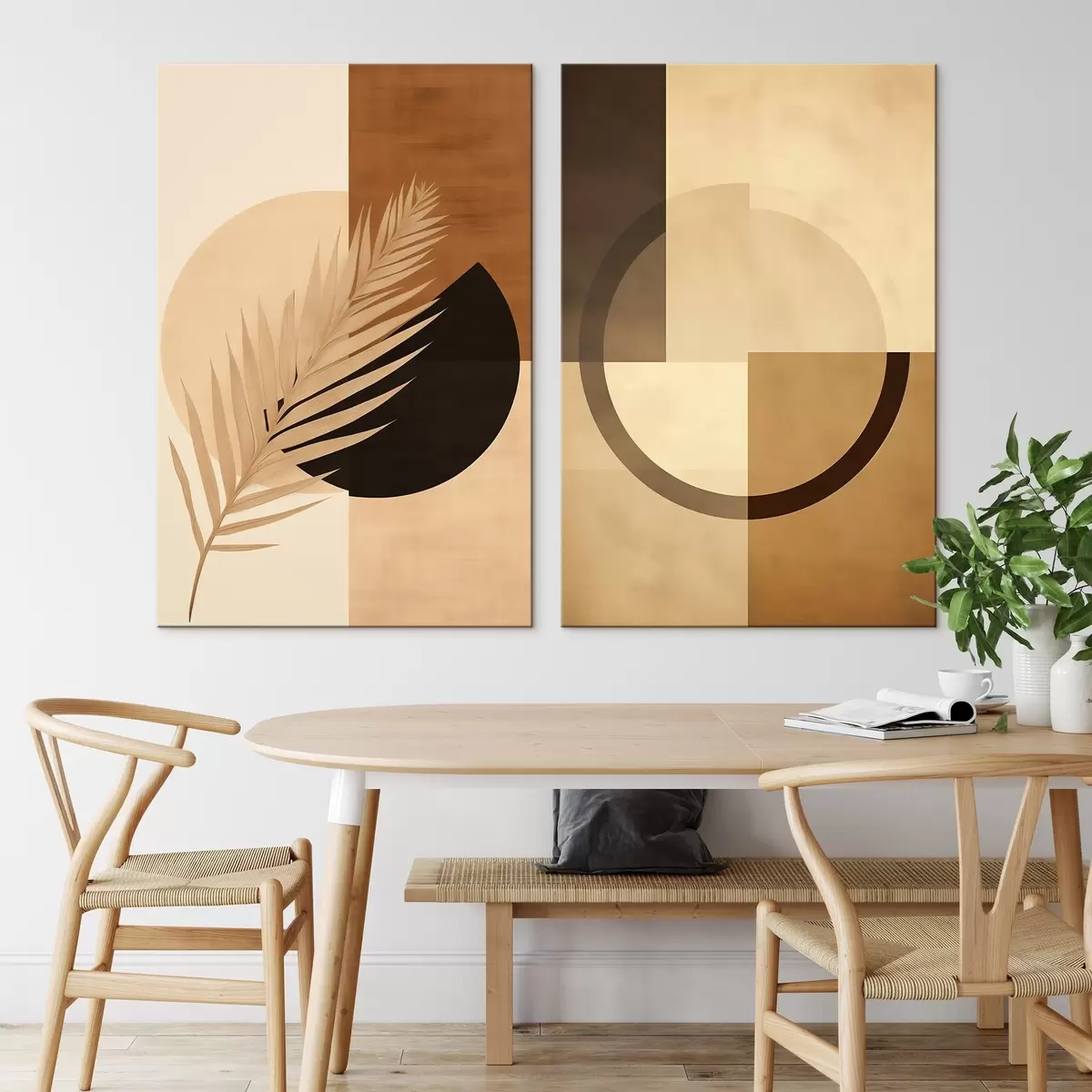 Fototapete Terrakotta und beige Geometrie mit Palmblattmotiv m00968