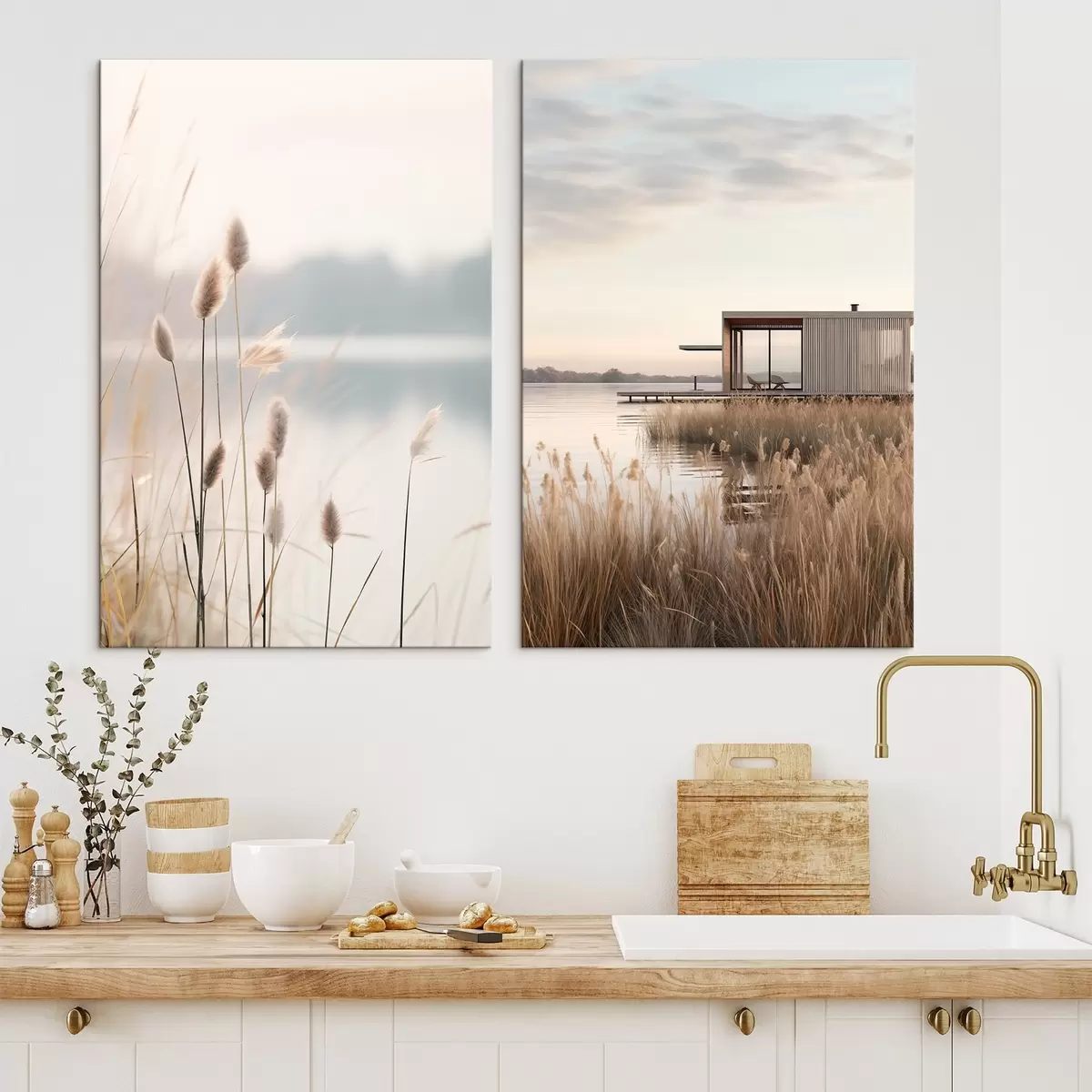 Fototapete Weiche Schilfpflanzen an einem ruhigen See und eine moderne Hütte am Ufer m00970