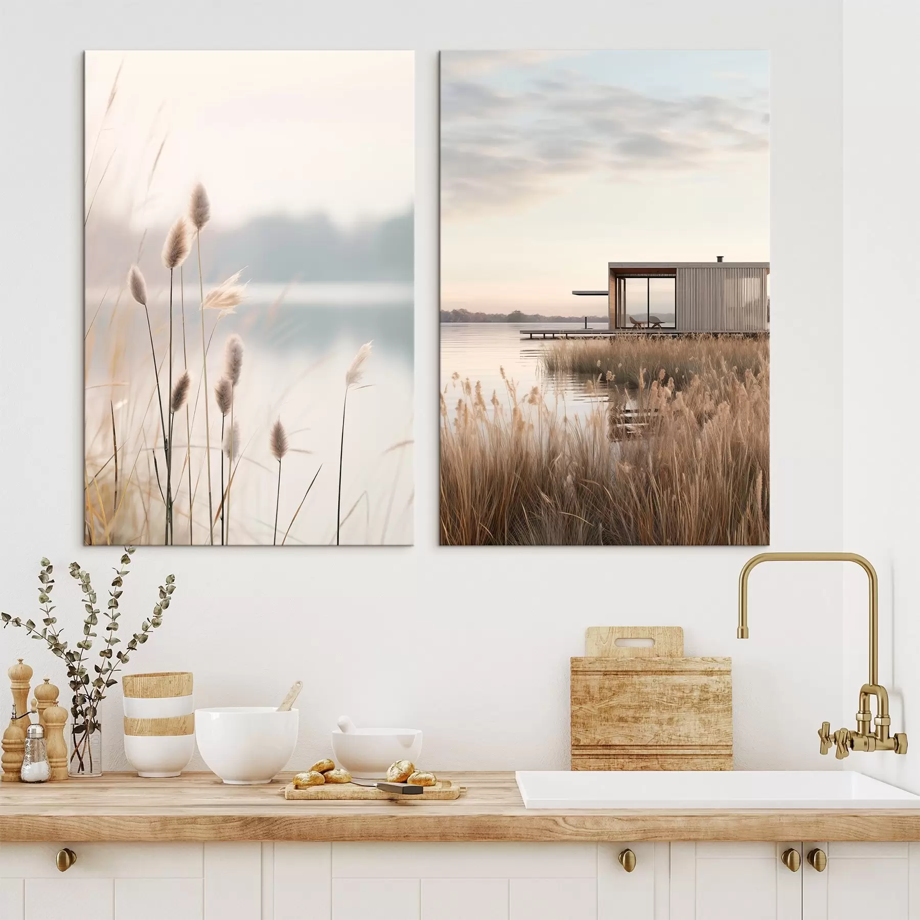 Fototapete Weiche Schilfpflanzen an einem ruhigen See und eine moderne Hütte am Ufer m00970