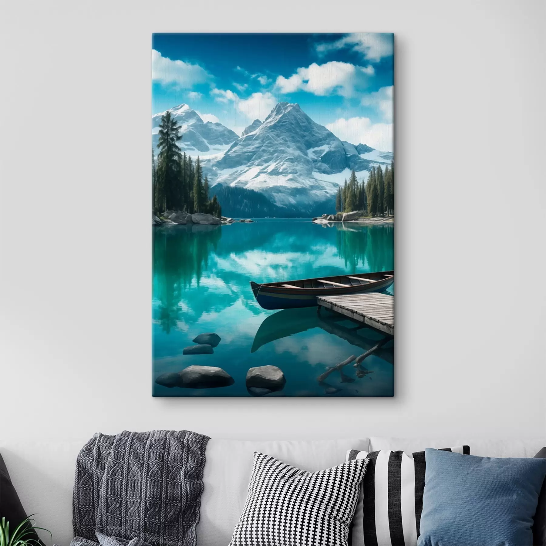 Fototapete Alpensee mit Kanu und schneebedeckten Gipfeln s46481