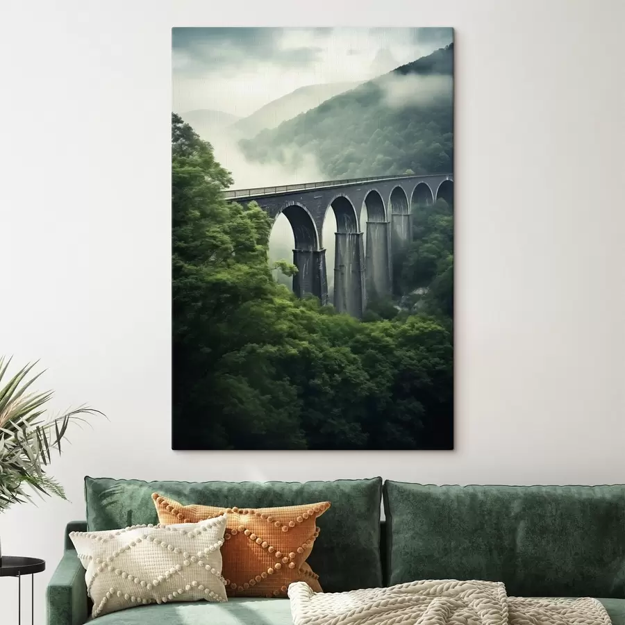 Fototapete Steinviadukt über nebligem Waldtal s46483