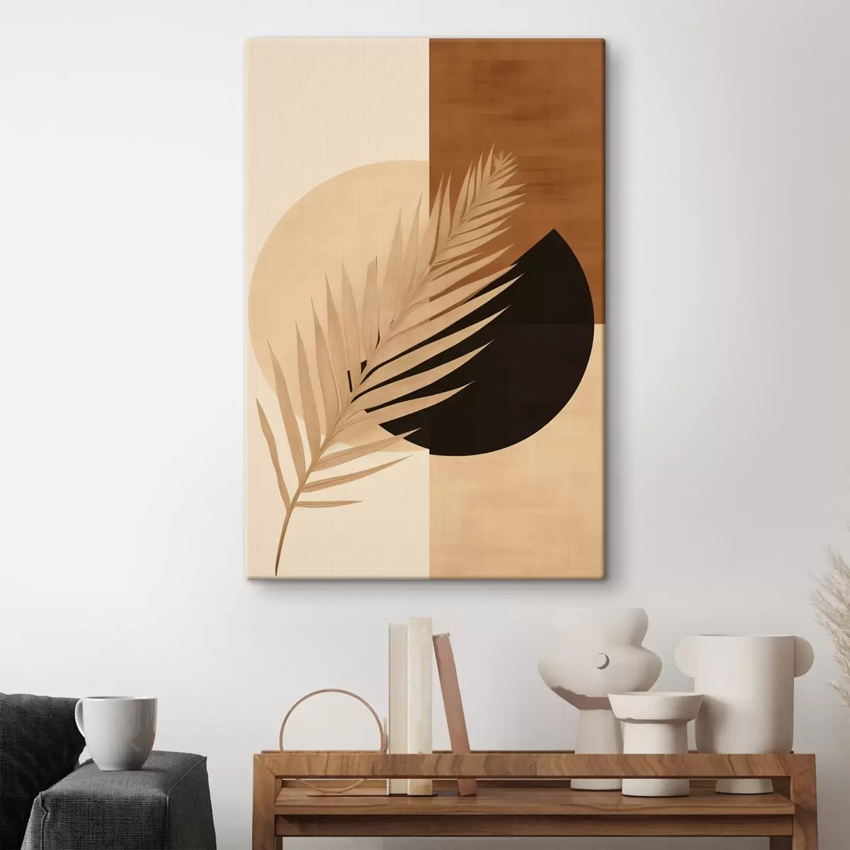 Fototapete Palmwedel über Terrakotta und cremefarbener Geometrie s46490