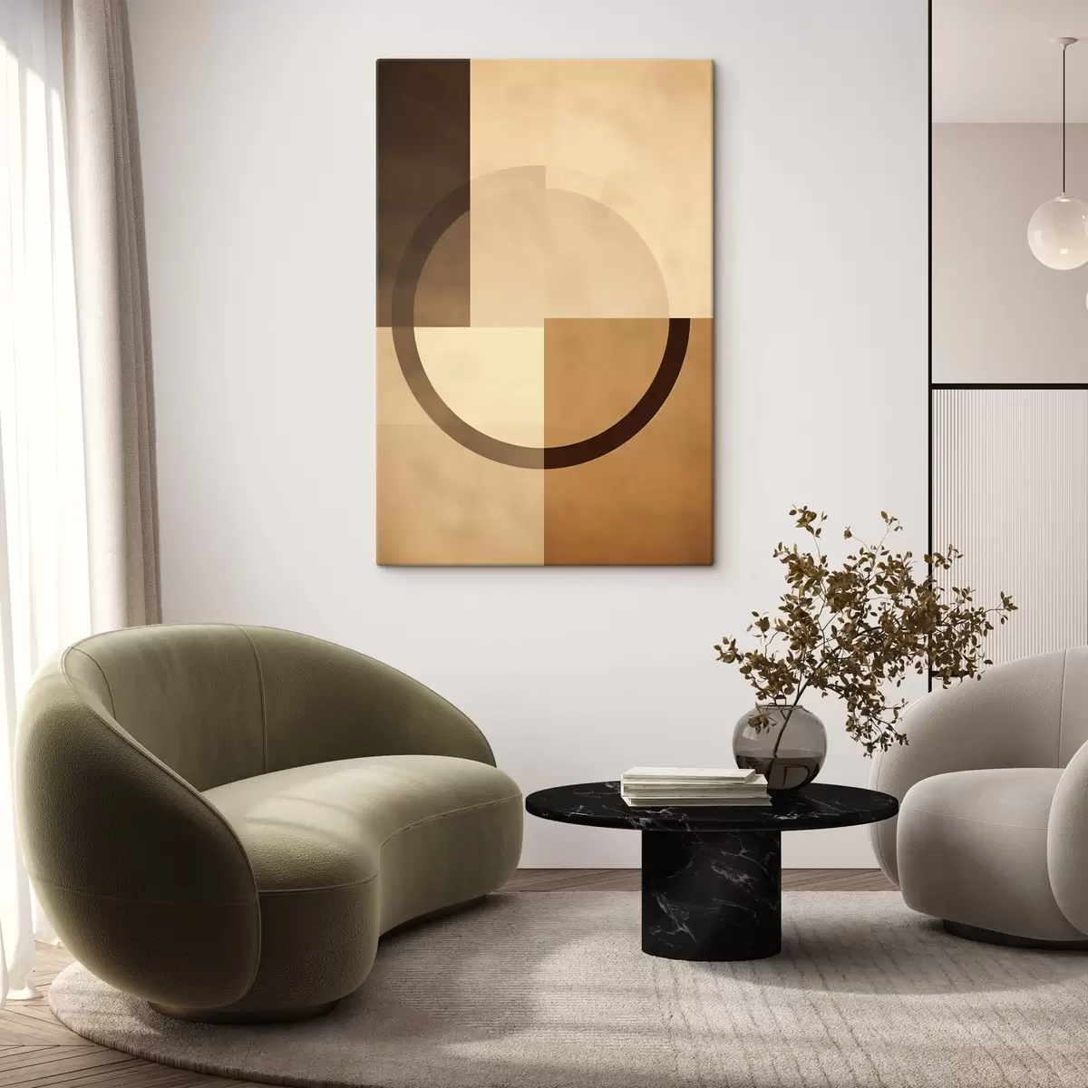 Fototapete Gedeckte Quadrate mit durchscheinendem Ring, warme Erdfarben s46498