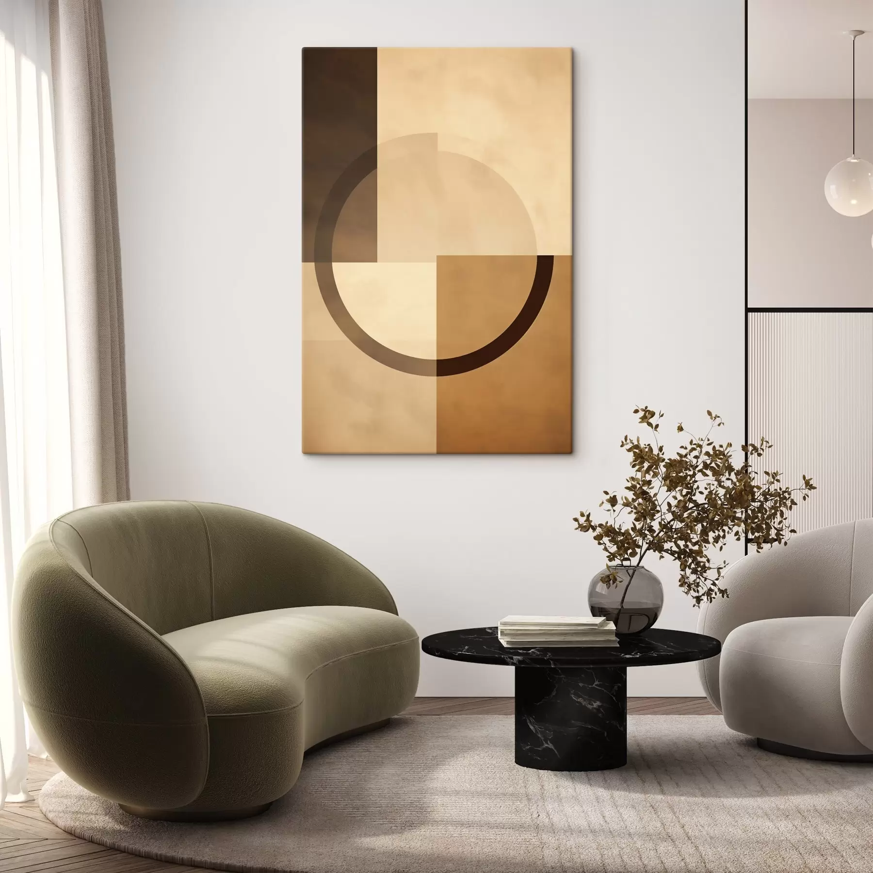 Fototapete Gedeckte Quadrate mit durchscheinendem Ring, warme Erdfarben s46498