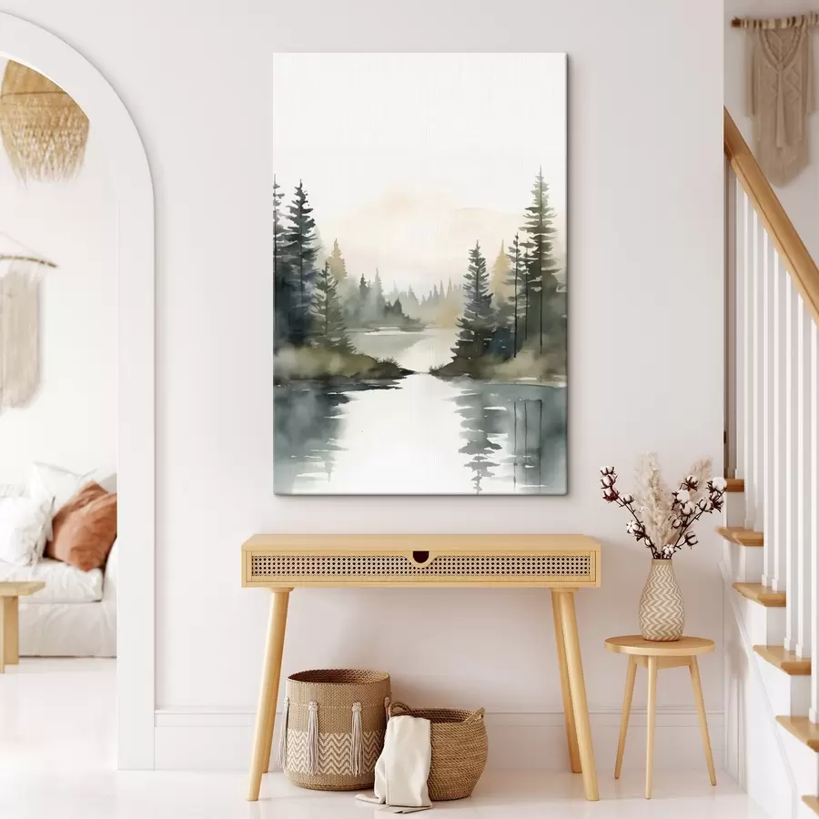 Fototapete Nebelverhangener Nadelwald über einem ruhigen Fluss, Aquarellstil s46507