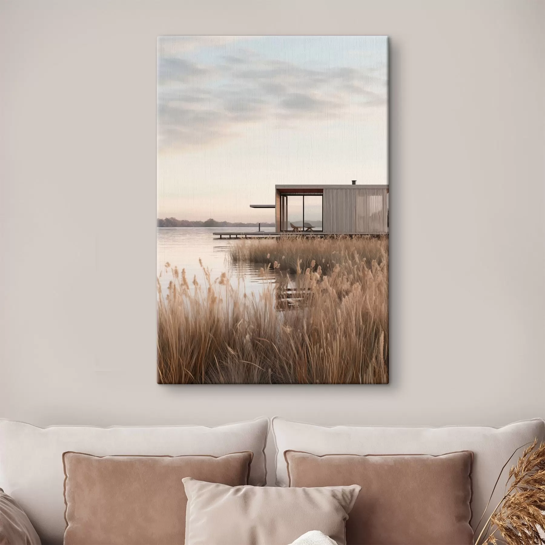 Fototapete Moderne Hütte am Seeufer inmitten von Schilf in der sanften Abenddämmerung s46513