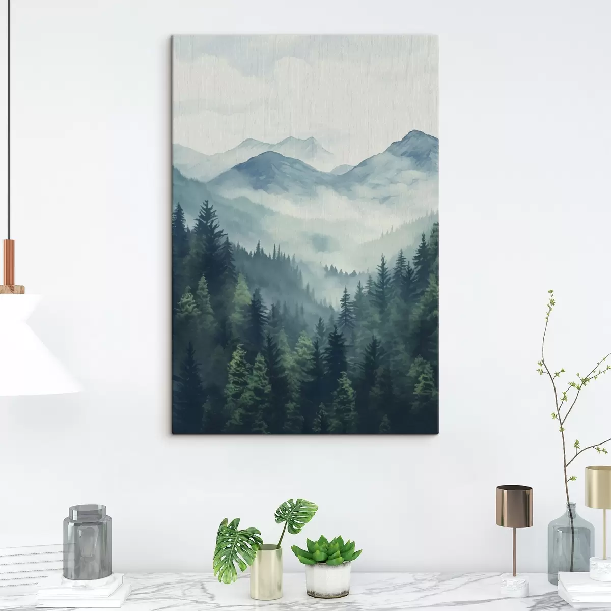 Fototapete Aquarellberge und Wald im sanften Morgennebel s46519