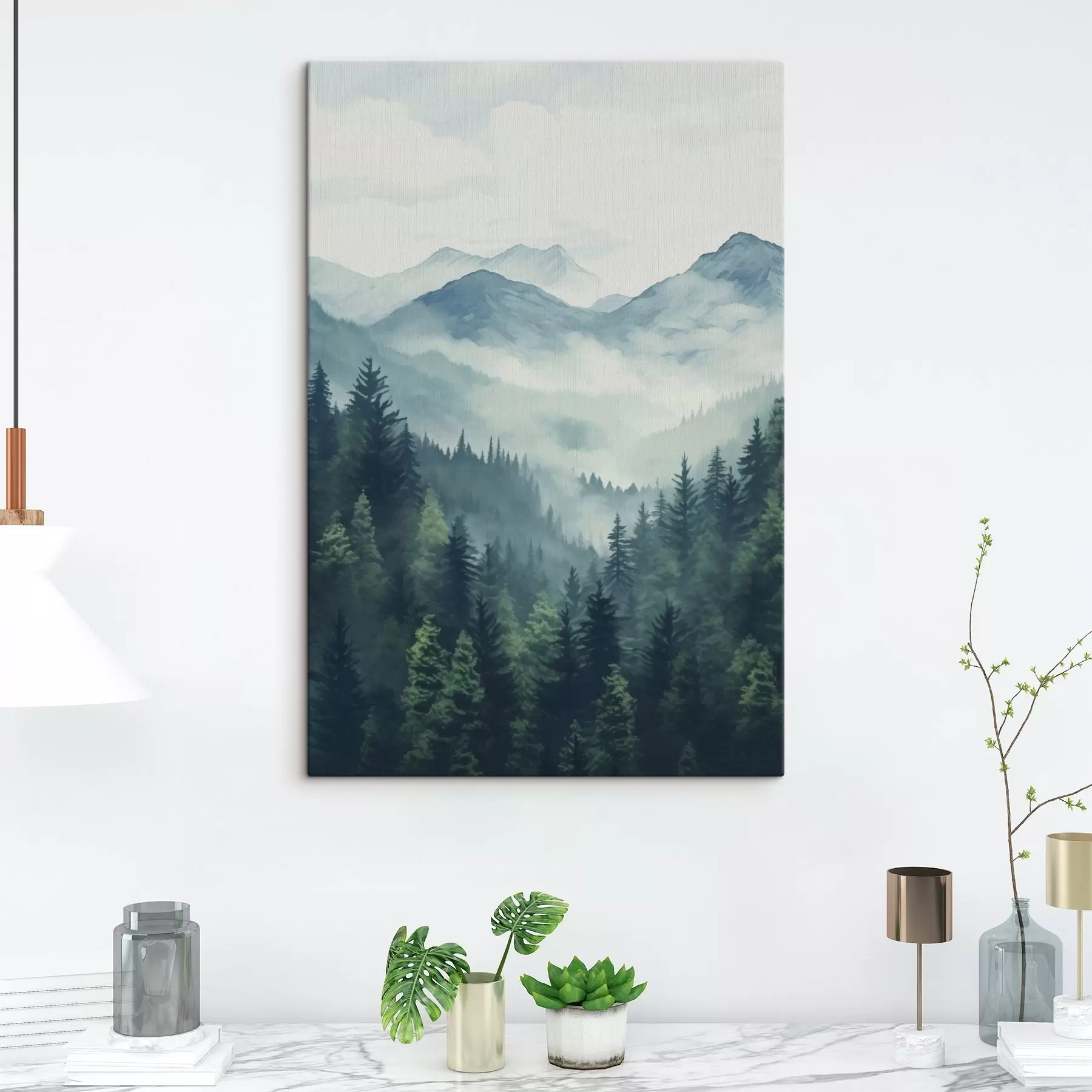 Fototapete Aquarellberge und Wald im sanften Morgennebel s46519