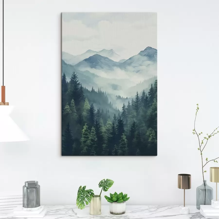 Fototapete Aquarellberge und Wald im sanften Morgennebel s46519