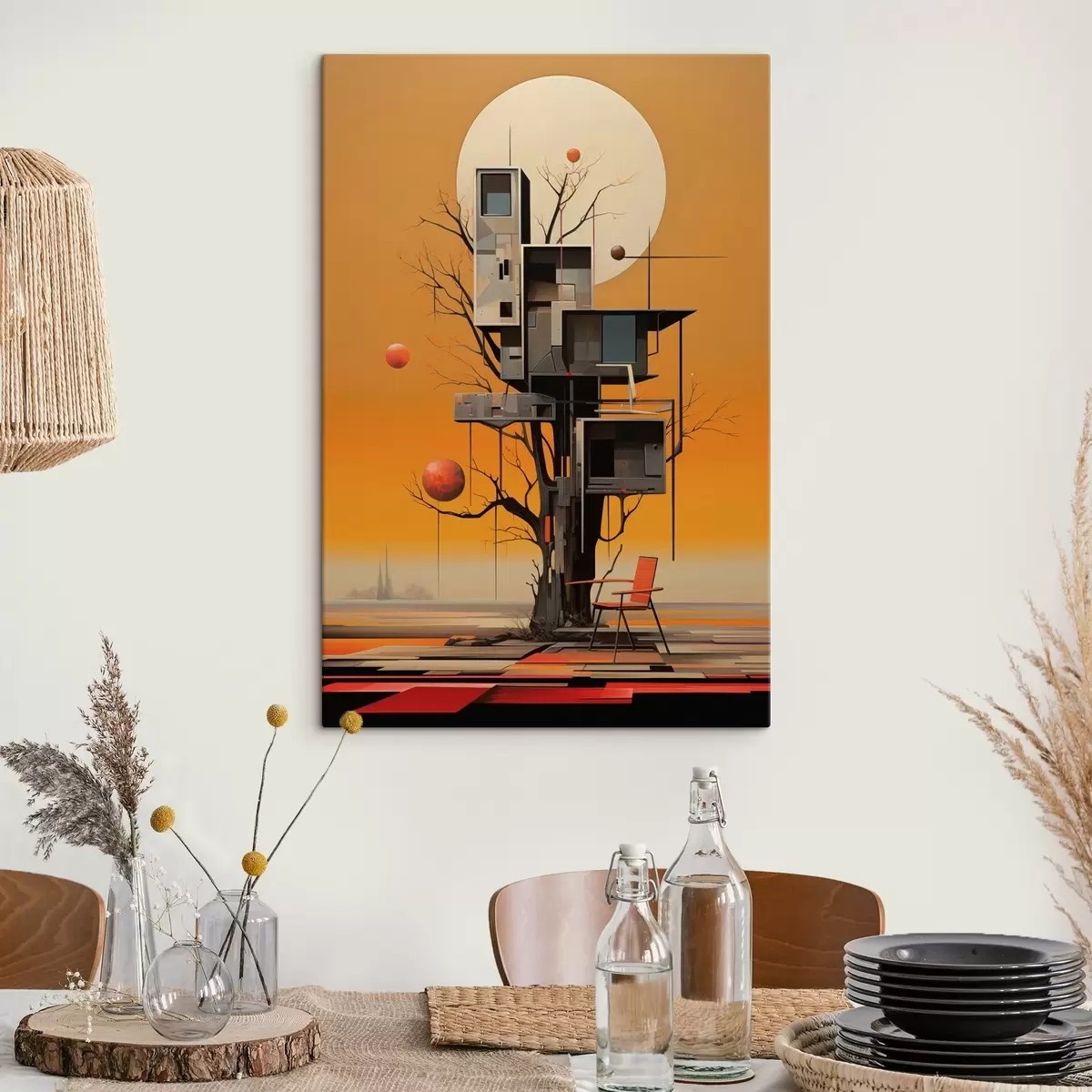 Fototapete Surreales Baumhaus vor orangefarbenem Hintergrund s46526