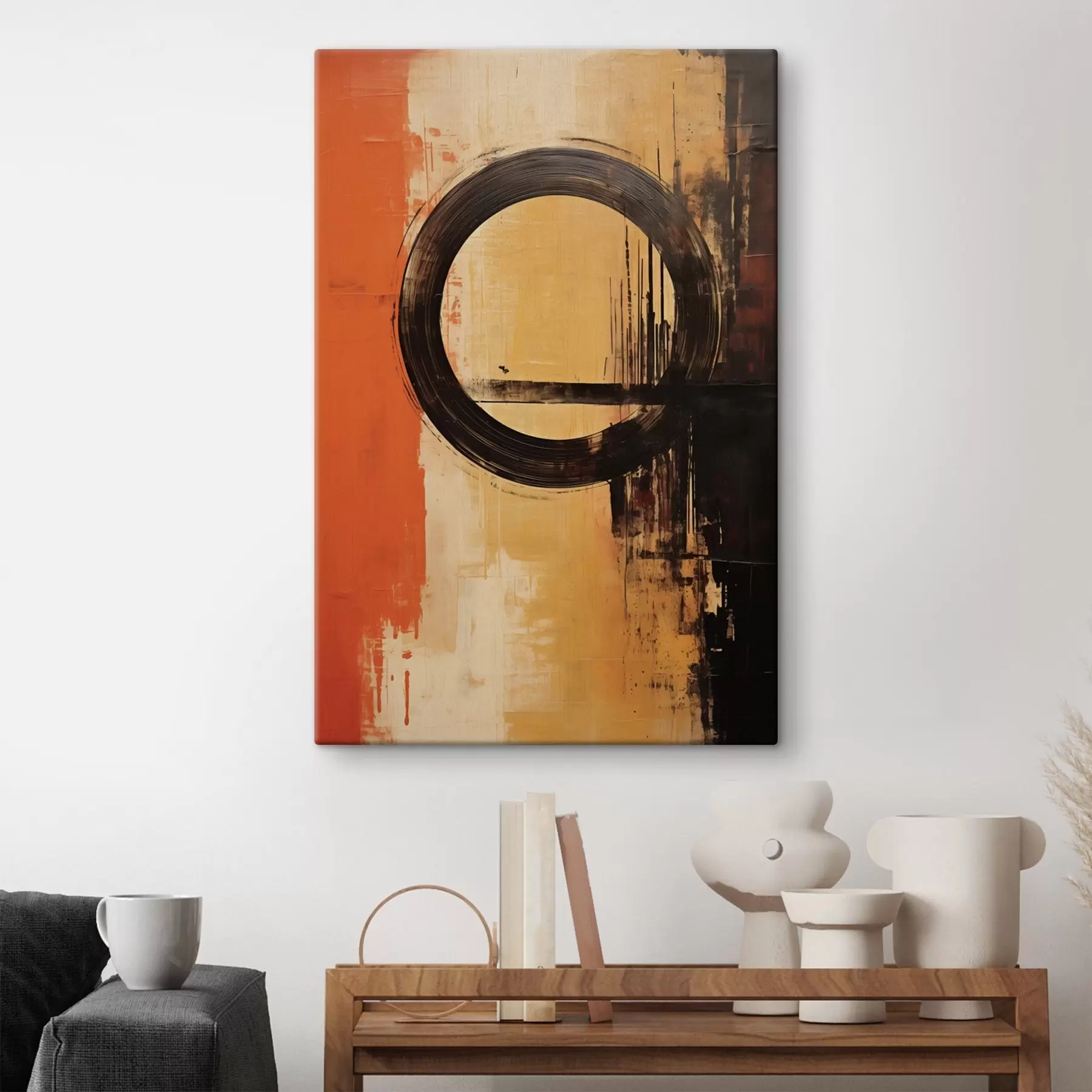 Fototapete Abstraktes Motiv mit schwarzem Ring auf terrakottafarbenem Sandhintergrund s46529