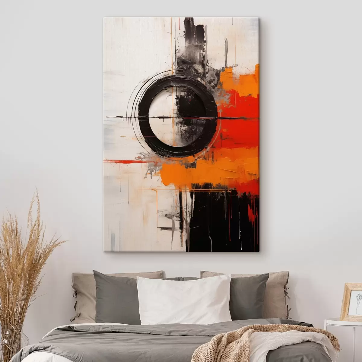 Fototapete Schwarzer Kreis auf weißem Hintergrund, orangefarbene Striche und Spritzer s46549