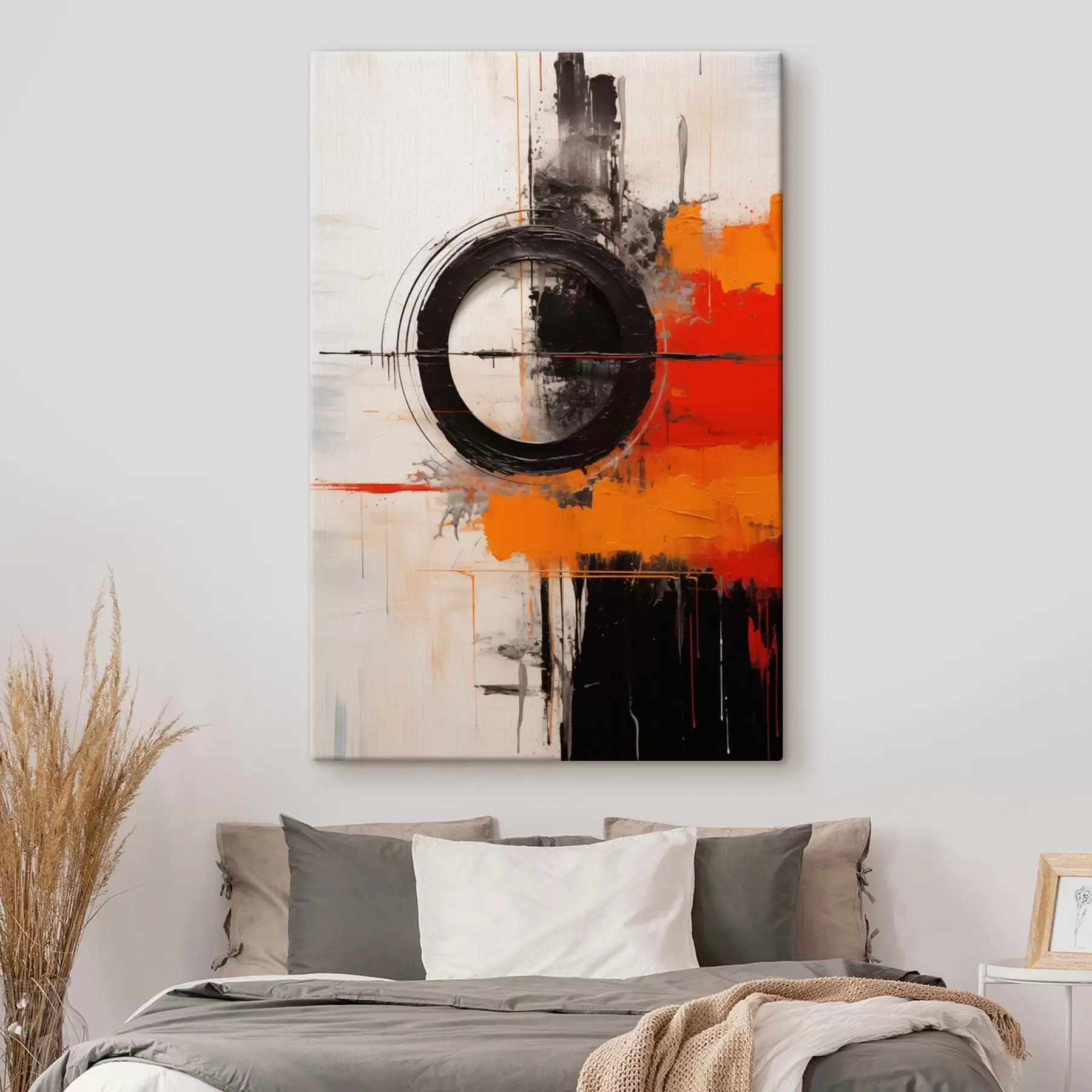 Fototapete Schwarzer Kreis auf weißem Hintergrund, orangefarbene Striche und Spritzer s46549