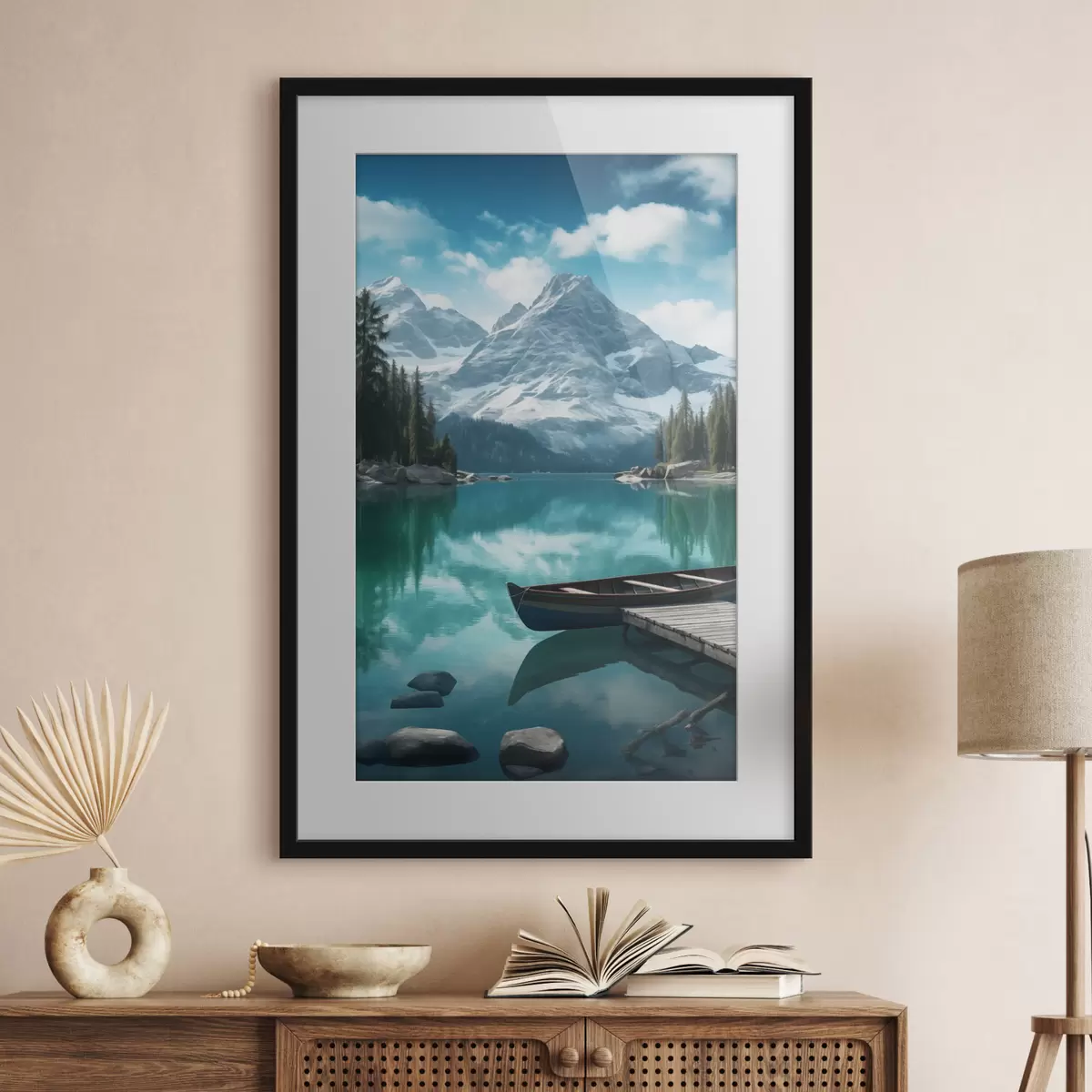 Poster Alpensee mit Kanu und schneebedeckten Gipfeln f46481