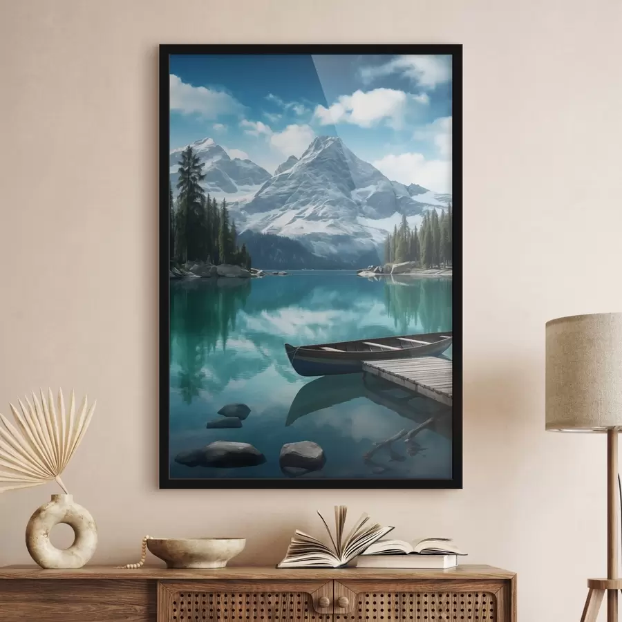 Fototapete Alpensee mit Kanu und schneebedeckten Gipfeln f46481