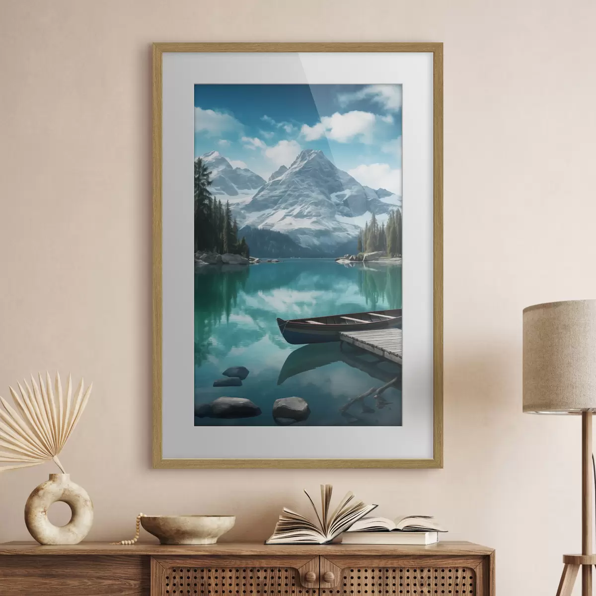 Poster Alpensee mit Kanu und schneebedeckten Gipfeln f46481