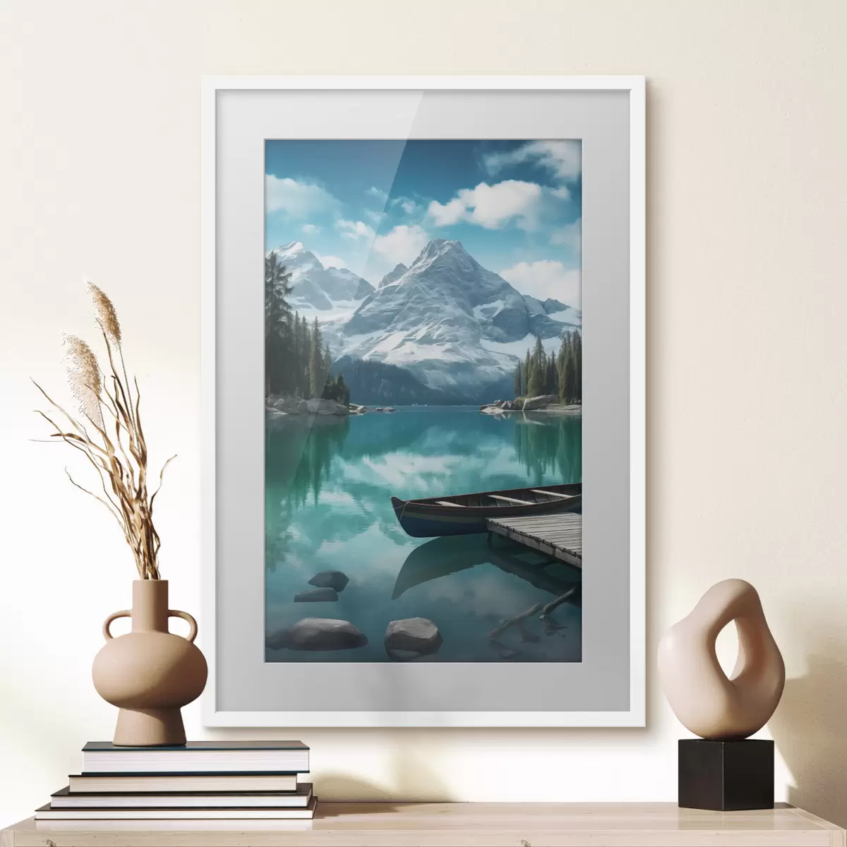 Poster Alpensee mit Kanu und schneebedeckten Gipfeln f46481
