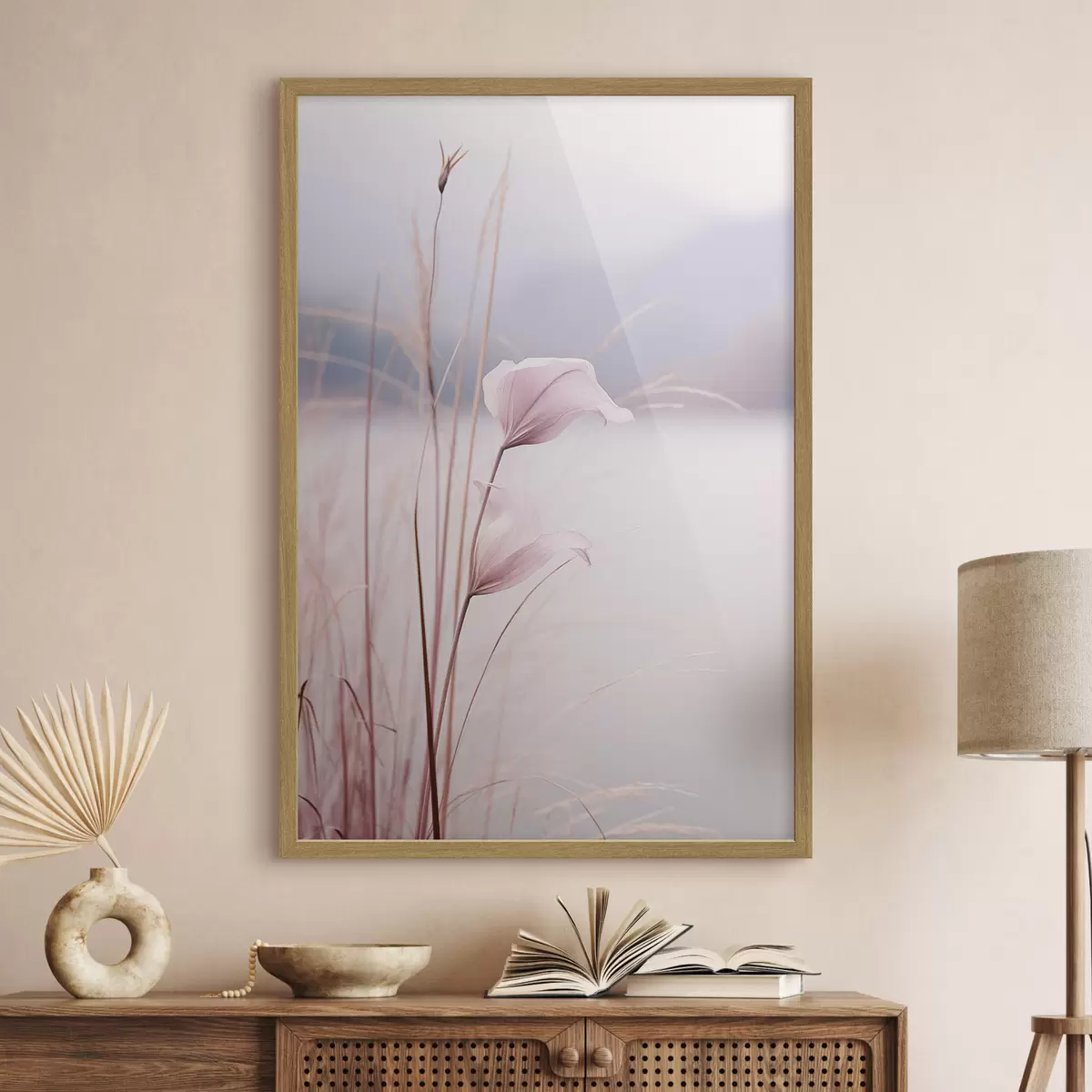 Poster Zarte rosa Blüten am ruhigen Seeufer f46503