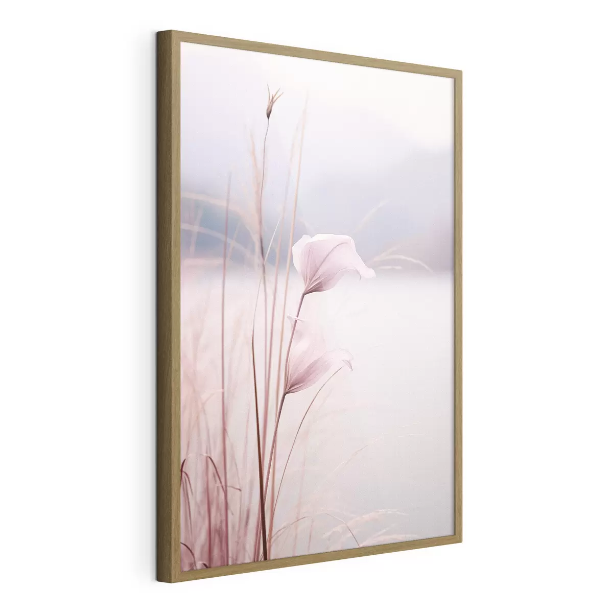 Poster Zarte rosa Blüten am ruhigen Seeufer f46503