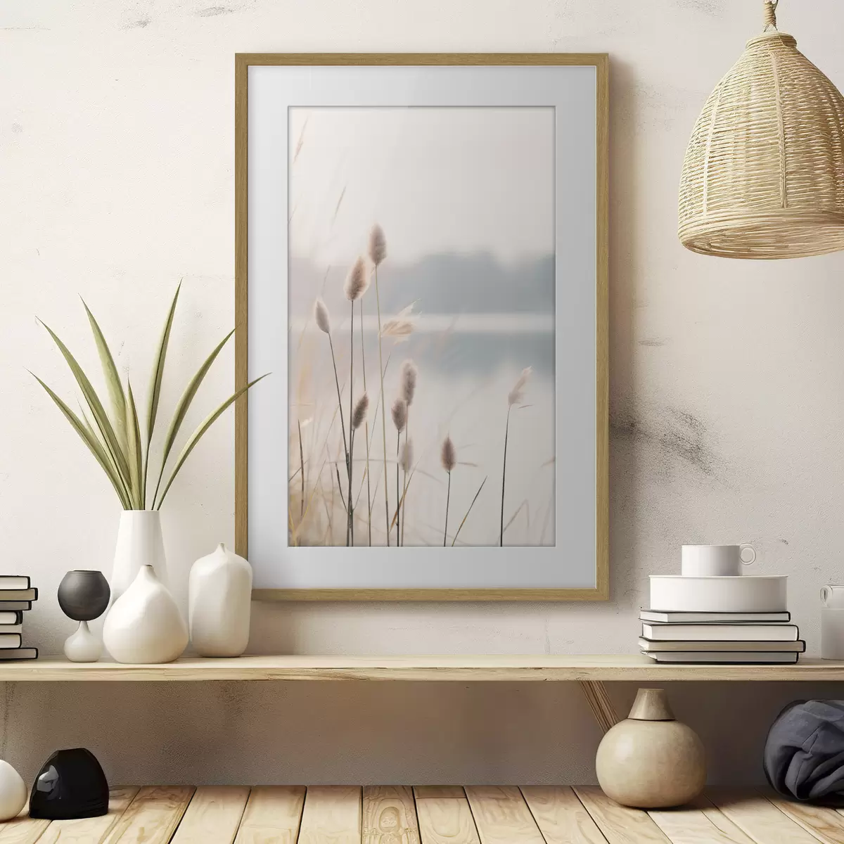 Poster Weiche Schilfrohre an einem nebligen Seeufer, pastellbeige Farbtöne f46504