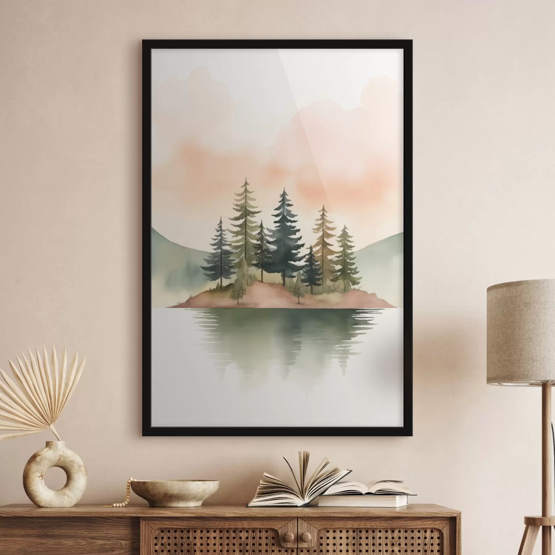 Fototapete Aquarellkiefern auf einer nebligen Insel, sanfter pfirsichfarbener Himmel f46505