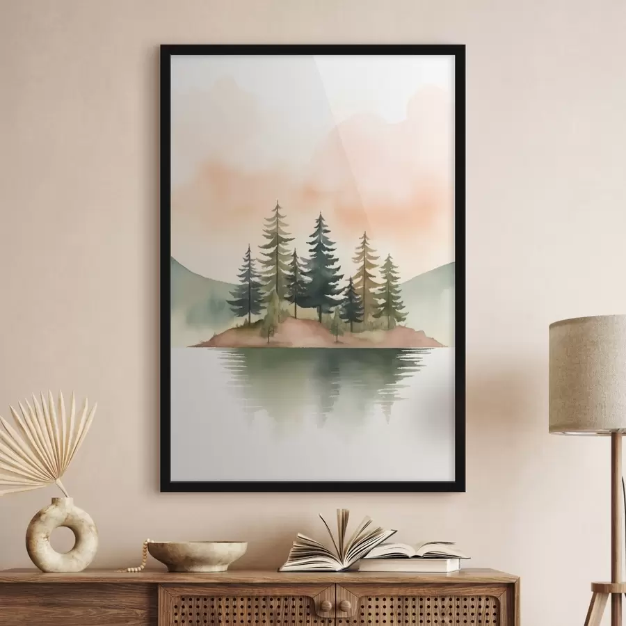 Fototapete Aquarellkiefern auf einer nebligen Insel, sanfter pfirsichfarbener Himmel f46505