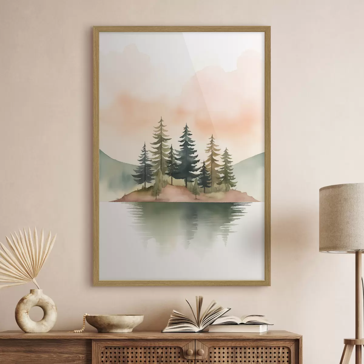 Poster Aquarellkiefern auf einer nebligen Insel, sanfter pfirsichfarbener Himmel f46505