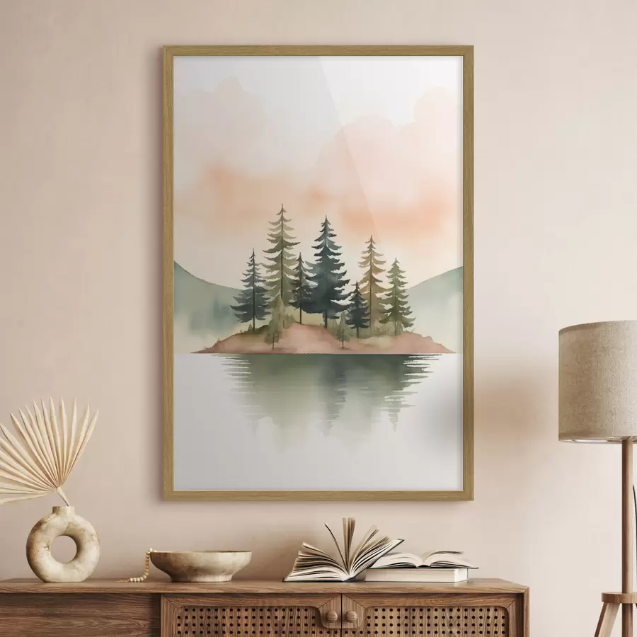 Fototapete Aquarellkiefern auf einer nebligen Insel, sanfter pfirsichfarbener Himmel f46505