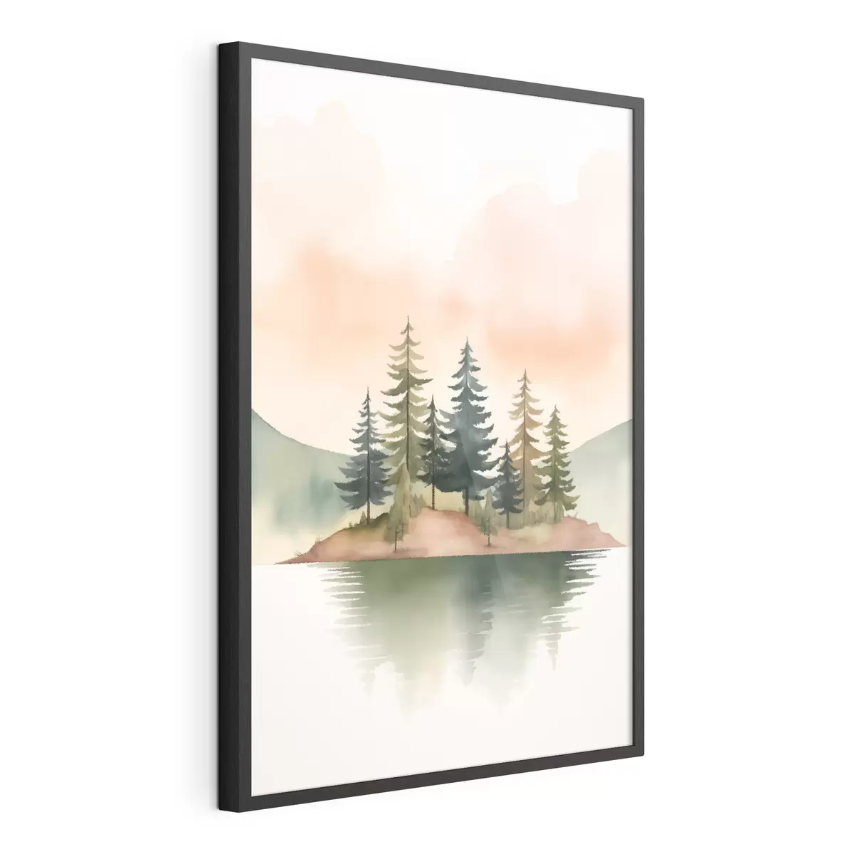 Poster Aquarellkiefern auf einer nebligen Insel, sanfter pfirsichfarbener Himmel f46505