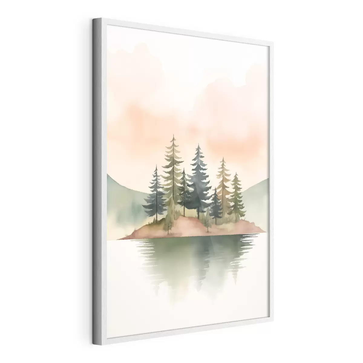 Poster Aquarellkiefern auf einer nebligen Insel, sanfter pfirsichfarbener Himmel f46505
