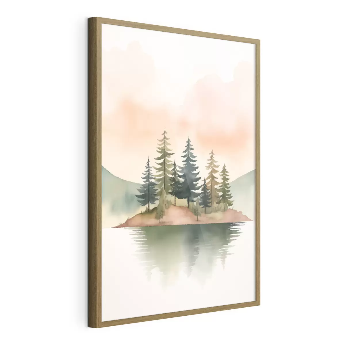 Poster Aquarellkiefern auf einer nebligen Insel, sanfter pfirsichfarbener Himmel f46505
