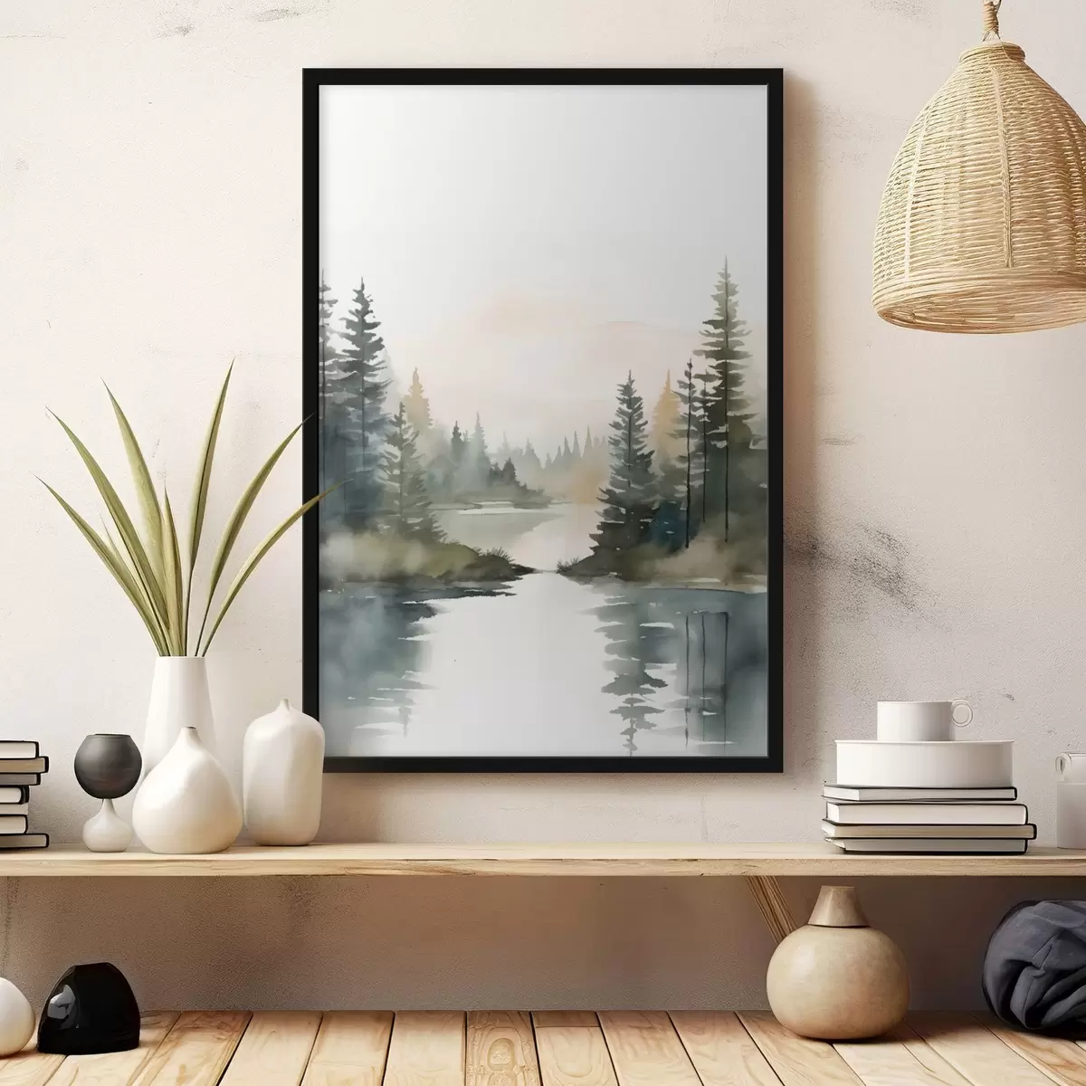 Poster Nebelverhangener Nadelwald über einem ruhigen Fluss, Aquarellstil f46507