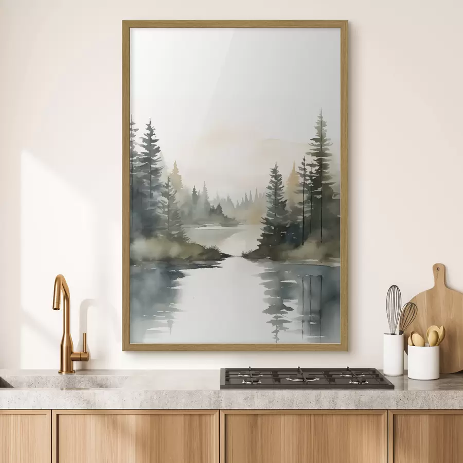 Fototapete Nebelverhangener Nadelwald über einem ruhigen Fluss, Aquarellstil f46507