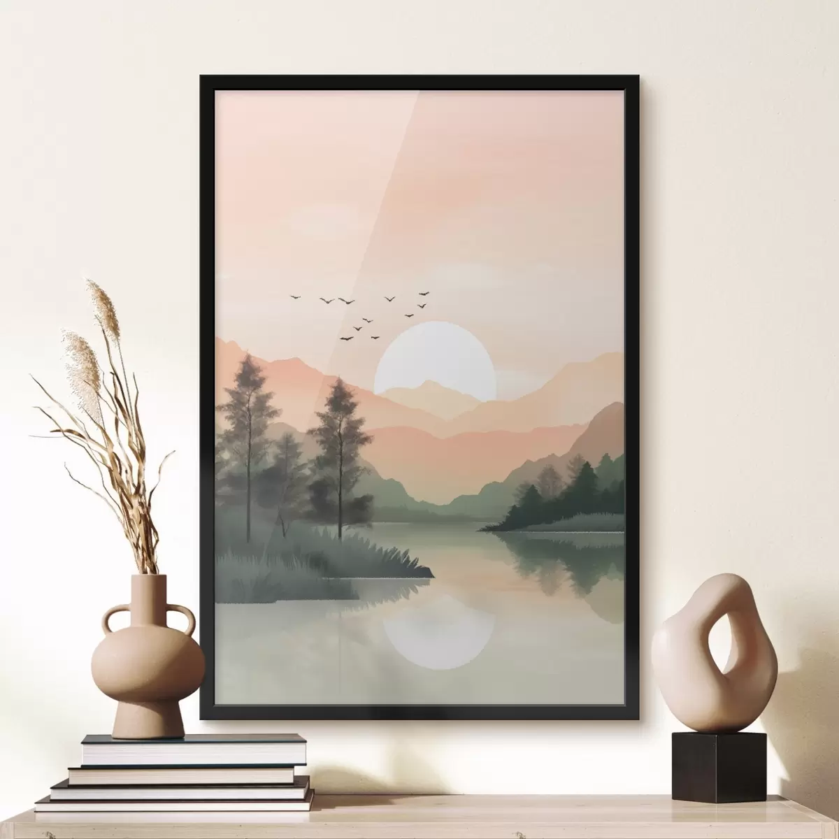 Poster Pastellfarbener Sonnenuntergang über einem ruhigen See mit fernen Hügeln und Vögeln f46508