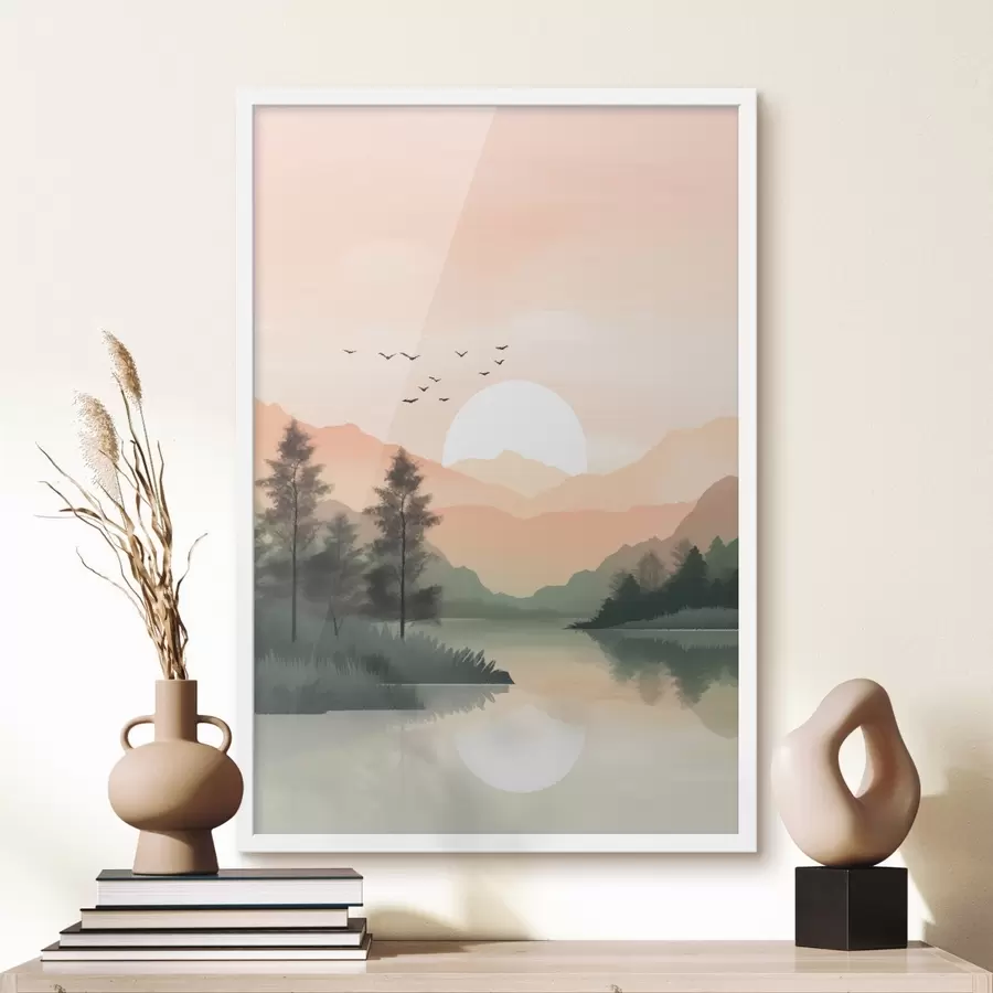 Fototapete Pastellfarbener Sonnenuntergang über einem ruhigen See mit fernen Hügeln und Vögeln f46508